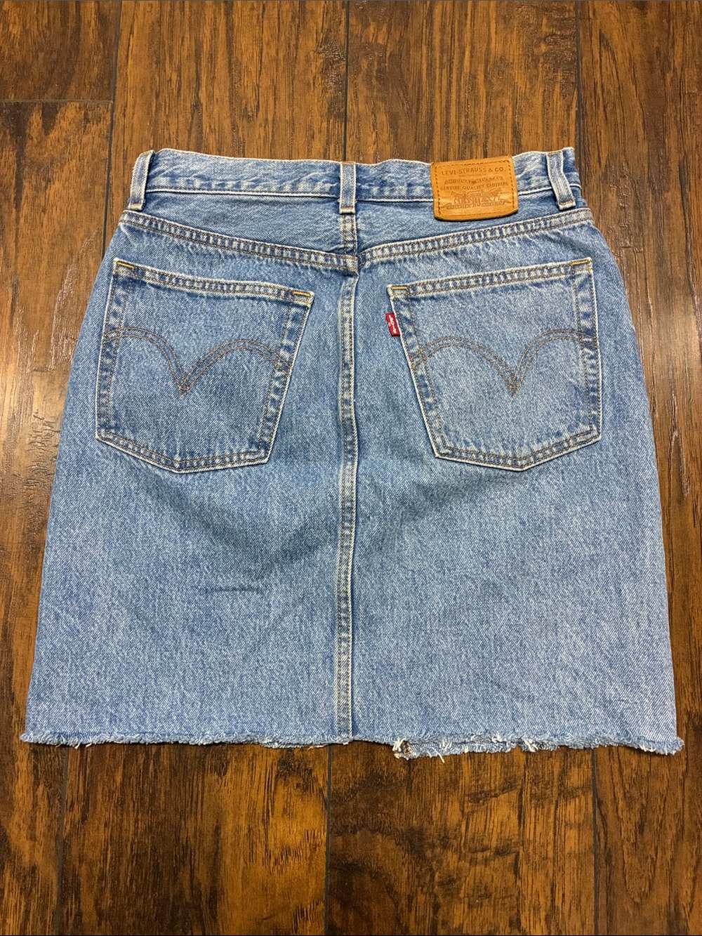 Levi's Light Blue Distressed Denim Mini Skirt with Yellow Stitching - Picture 3 of 5